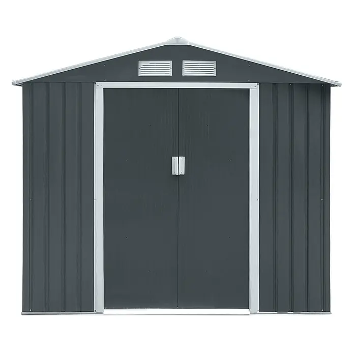 HATTORO Gerätehaus - Außenbreite inkl. Dachüberstand: 213 cm, Außentiefe inkl. Dachüberstand: 127 cm, Stahl, Anthrazit - Dunkelgraues Metallgerätehaus mit Giebeldach, Doppeltüren und Lüftungsgittern.