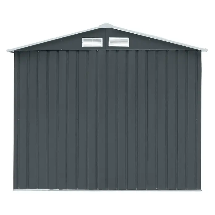 HATTORO Gerätehaus - Außenbreite inkl. Dachüberstand: 213 cm, Außentiefe inkl. Dachüberstand: 127 cm, Stahl, Anthrazit - Dunkelgrauer Metall-Gartenschuppen mit Giebeldach und zwei Lüftungsschlitzen.