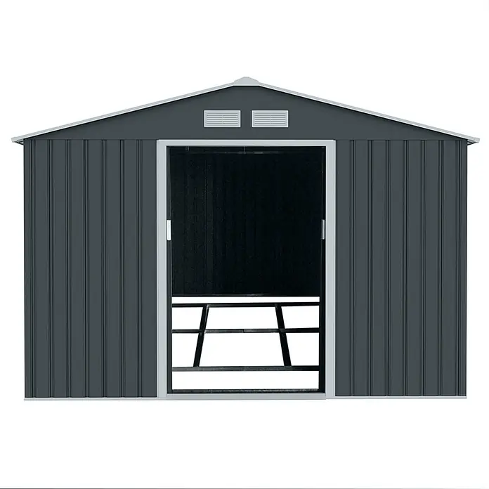 HATTORO Gerätehaus S300 - Außenbreite inkl. Dachüberstand: 277 cm, Außentiefe inkl. Dachüberstand: 319 cm, Stahl, Anthrazit - Dunkelgraues Metallgerätehaus mit Satteldach, Fronttür und Lüftungsschlitzen.