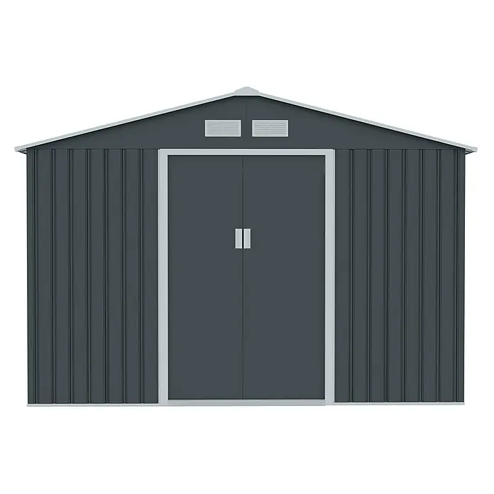 HATTORO Gerätehaus S300 - Außenbreite inkl. Dachüberstand: 277 cm, Außentiefe inkl. Dachüberstand: 319 cm, Stahl, Anthrazit - Dunkelgraues Metall-Gartenhaus mit Doppeltüren, weißem Rahmen und zwei oberen Lüftungsöffnungen.