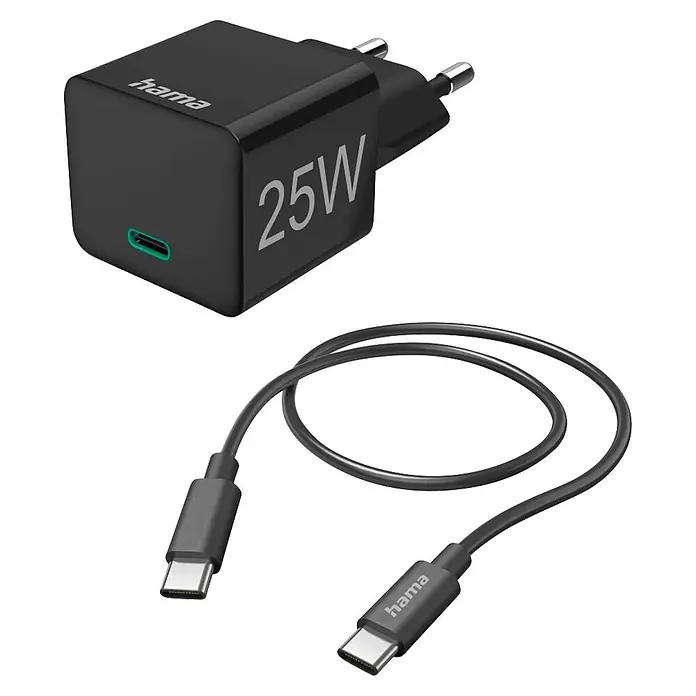Hama USB-Kabel 00201623 mit Ladekabel USB-C Mini-Ladegerät PD 25 W - Schwarz - Schwarzes Hama 25W USB-C Netzteil mit passendem schwarzem Hama USB-C auf USB-C Kabel.