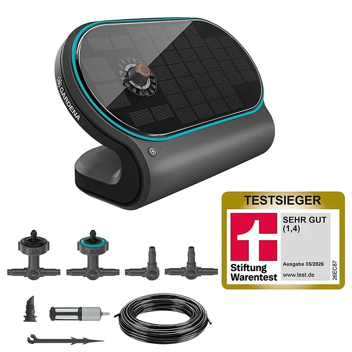 Gardena Micro-Drip Bewässerungs-Set AquaBloom L - 7,2 V, Solarbetrieben - Gardena solarbetriebene Bewässerungssteuerung mit Drehrad, blauen Akzenten und diversen Bewässerungskomponenten. Inklusive Stiftung Warentest Siegel.