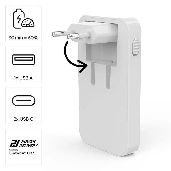 Hama Schnellladegerät 00201976 2x USB-C 1x USB-A flaches Mini PD 65 W WS - Weiß - Weißes Netzteil mit faltbaren EU-Steckern, 1x USB-A und 2x USB-C Anschlüssen, unterstützt Schnellladung und Power Delivery.