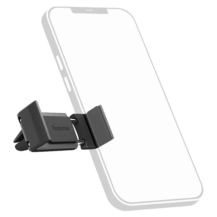 Hama Handyhalter 00201515 "Flipper" für Lüftung 360 Grad drehbar universal - Schwarz - Dunkelgraue Hama Handyhalterung für Lüftungsschlitze, hält ein weißes Smartphone.