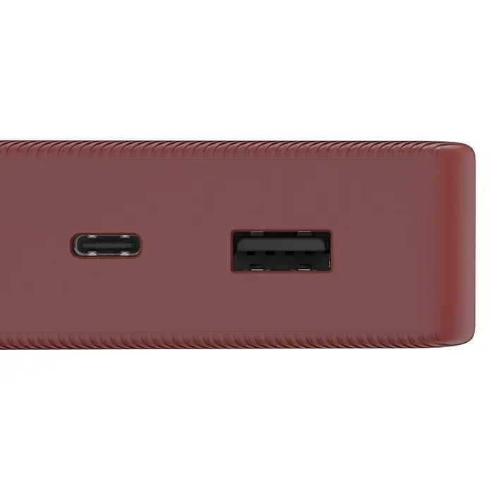 Hama Powerbank 20000 mAh Fast Charge LiPo Rot - Rot - Rotbraunes Elektronikgerät mit USB-C- und USB-A-Anschluss.