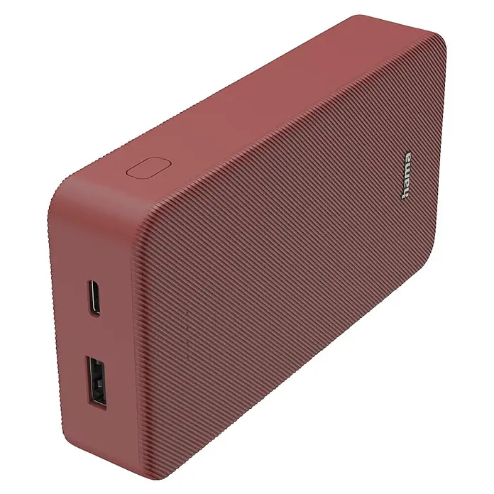 Hama Powerbank 20000 mAh Fast Charge LiPo Rot - Rot - Bordeauxrote, texturierte Powerbank mit USB-C- und USB-A-Anschlüssen sowie einem Ein-/Ausschalter.