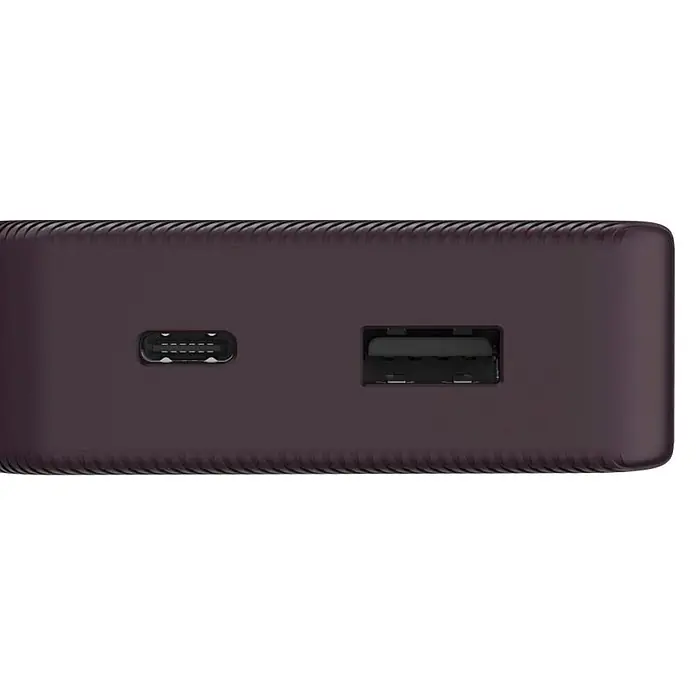 Hama Powerbank 10000 mAh Fast Charge LiPo Lila Statusanzeige - Lila - Dunkelviolette Powerbank mit USB-C- und USB-A-Anschlüssen an der Seite.