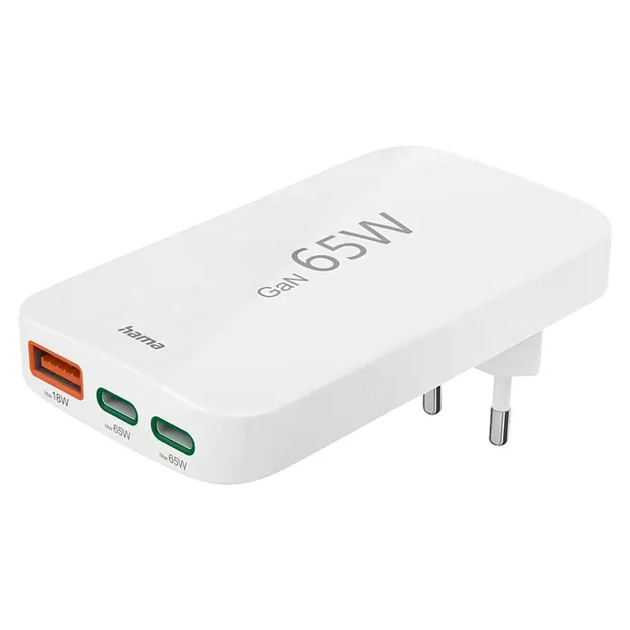 Hama Schnellladegerät 00201976 2x USB-C 1x USB-A flaches Mini PD 65 W WS - Weiß - Weißes GaN 65W Ladegerät mit zwei 65W USB-C Ports, einem 18W USB-A Port und Eurosteckern.