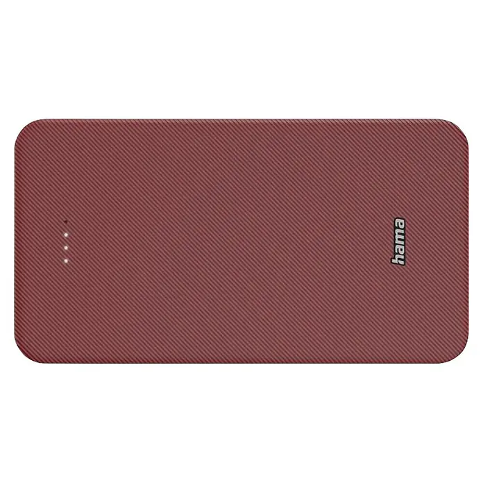 Hama Powerbank 20000 mAh Fast Charge LiPo Rot - Rot - Rotbraune, gestreifte Powerbank mit vier weißen LED-Anzeigen und "hama"-Logo an der Seite.