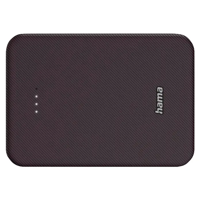 Hama Powerbank 10000 mAh Fast Charge LiPo Lila Statusanzeige - Lila - Dunkelgraue Powerbank mit diagonalem Muster, drei weißen LED-Anzeigen und „hama“-Logo.