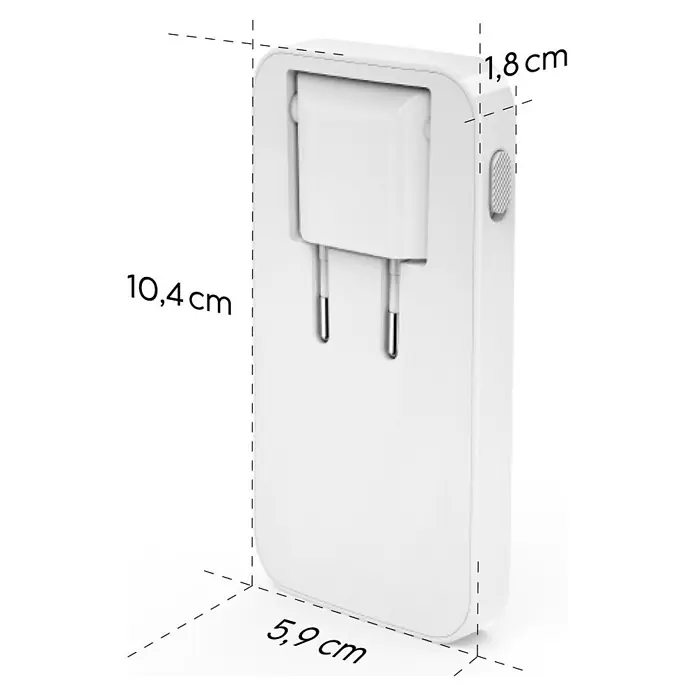 Hama Schnellladegerät 00201976 2x USB-C 1x USB-A flaches Mini PD 65 W WS - Weiß - Weißes rechteckiges Steckgerät mit integriertem Ladegerät und Seitenknopf, Maße angezeigt.