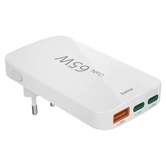 Hama Schnellladegerät 00201976 2x USB-C 1x USB-A flaches Mini PD 65 W WS - Weiß - Weißes Hama GaN 65W Multiport-Ladegerät mit klappbarem EU-Stecker, einem 18W USB-A und zwei 65W USB-C Anschlüssen.