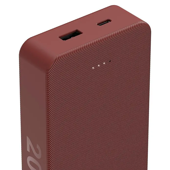 Hama Powerbank 20000 mAh Fast Charge LiPo Rot - Rot - Rote, texturierte Powerbank mit USB-A- und USB-C-Anschlüssen sowie drei LED-Anzeigen.
