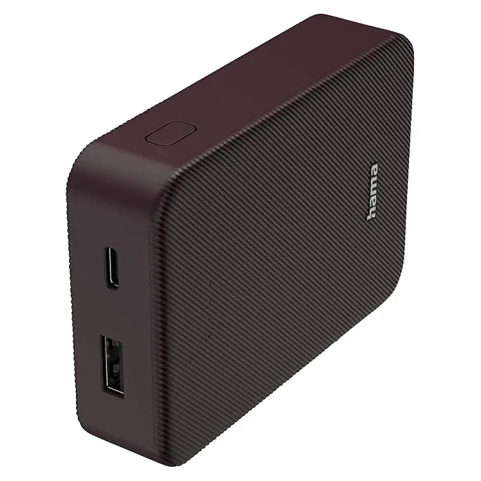 Hama Powerbank 10000 mAh Fast Charge LiPo Lila Statusanzeige - Lila - Dunkle Hama Powerbank mit strukturierter Oberfläche, USB-C- und USB-A-Anschlüssen sowie einem Power-Knopf.
