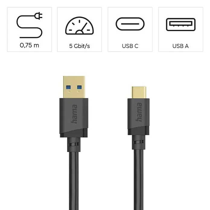 Hama USB-Kabel vergoldete Steckkontakte 00202005 - 75 cm, Schwarz - Schwarzes USB-A auf USB-C Kabel, 0,75m lang, mit 5 Gbit/s Datenübertragungsgeschwindigkeit.