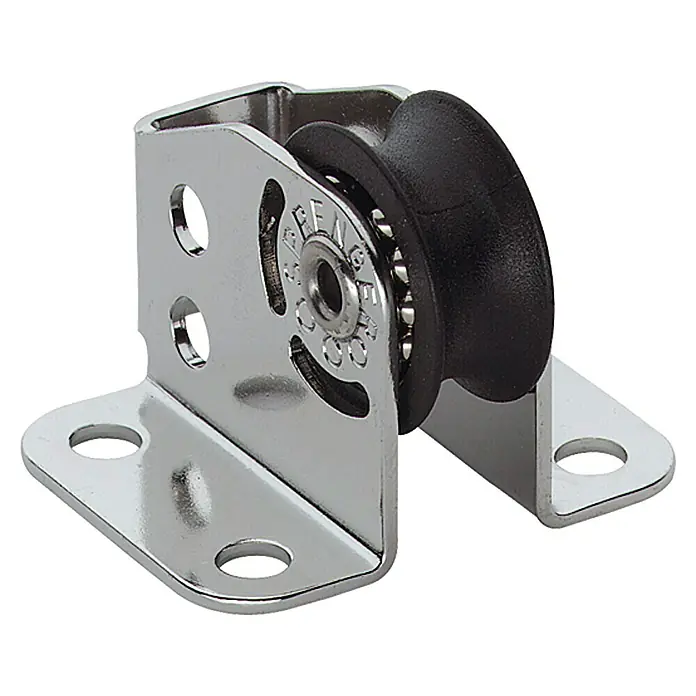 Sprenger Micro-XS-Stehblock - 1 Rolle, 6 mm, Kugellager - Hier ist eine Darstellung eines Umlenkblocks mit einem schwarzen Rad und einer robusten, glänzenden Metallhalterung mit Befestigungslöchern.
