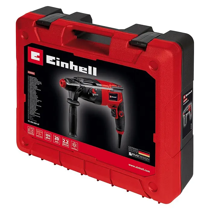 Einhell Classic Kombihammer TC-RH 620 4F - 620 W, 2,2 J, SDS-Plus-Aufnahme - Roter und schwarzer Einhell Bohrhammer TC-RH 620 4F im passenden roten und schwarzen Kunststoffkoffer.