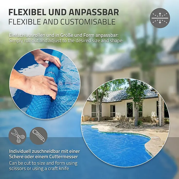 ECD Germany Solarabdeckplane Pool Solarfolie 400µm Solarplane Solarabdeckung Blau - Passend für: Rundpools, Aufstellpools, Swimmingpools, Durchmesser: 500 cm, Material: Kunststoff - Blaue Solarfolie wird ausgerollt und bedeckt einen Pool mit individueller Form. Flexibel und auf jede Größe zuschneidbar.