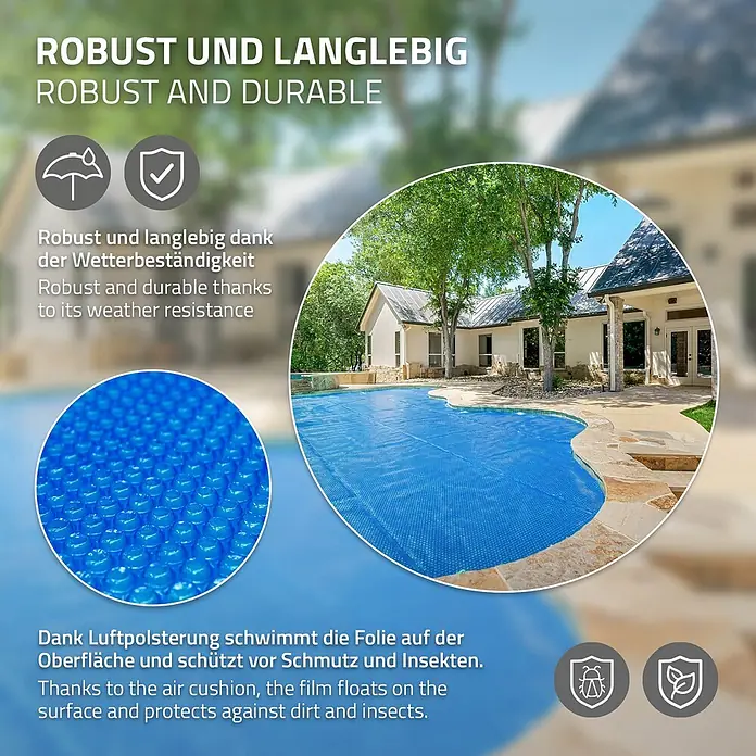 ECD Germany Solarabdeckplane Pool Solarfolie 400µm Solarplane Solarabdeckung Blau - Passend für: Rundpools, Aufstellpools, Swimmingpools, Durchmesser: 500 cm, Material: Kunststoff - Eine blaue Solar-Schwimmbadabdeckung mit Blasenstruktur schwimmt auf einem Pool und schützt ihn vor Schmutz und Insekten.
