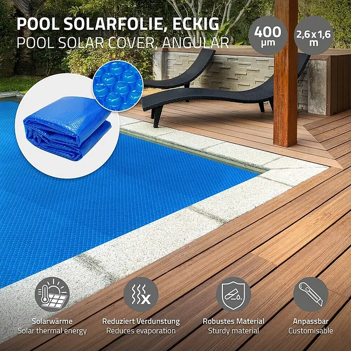 ECD Germany Solarabdeckplane Pool Solarfolie 400µm Solarplane Solarabdeckung Blau - Passend für: Rechteckpools, Aufstellpools, Swimmingpools, Material: Kunststoff - Blaue Noppen-Solarfolie auf einem Pool. Erwärmt Wasser und reduziert Verdunstung.