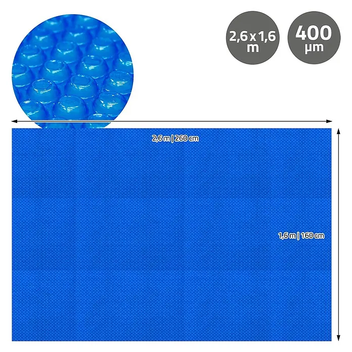 ECD Germany Solarabdeckplane Pool Solarfolie 400µm Solarplane Solarabdeckung Blau - Passend für: Rechteckpools, Aufstellpools, Swimmingpools, Material: Kunststoff - Blaue Solar-Poolabdeckung mit Noppenstruktur, 2,6x1,6m und 400µm dick, zum Heizen und Isolieren von Schwimmbecken.