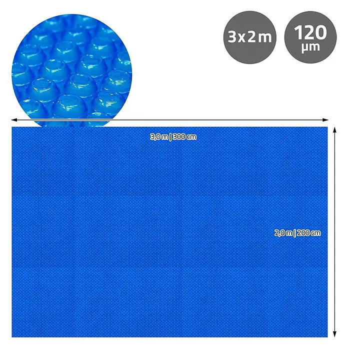 ECD Germany Solarabdeckplane Pool Solarfolie 120µm Solarplane Solarabdeckung Blau - Passend für: Rechteckpools, Aufstellpools, Swimmingpools, Material: Kunststoff - Blaue rechteckige Solar-Poolabdeckung, 3x2m, 120µm, mit Noppenstruktur für Wärmespeicherung.
