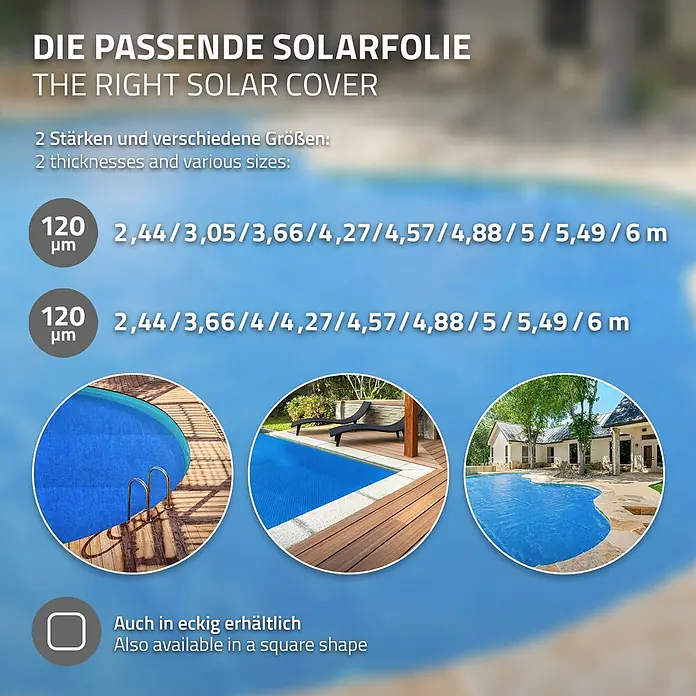 ECD Germany Solarabdeckplane Pool Solarfolie 120µm Solarplane Solarabdeckung Blau - Passend für: Rundpools, Aufstellpools, Swimmingpools, Durchmesser: 600 cm, Material: Kunststoff - Blaue Solar-Poolabdeckung mit Stärke (120µm) und verschiedenen Größen (2,44m-6m), für runde, rechteckige und eckige Pools erhältlich.