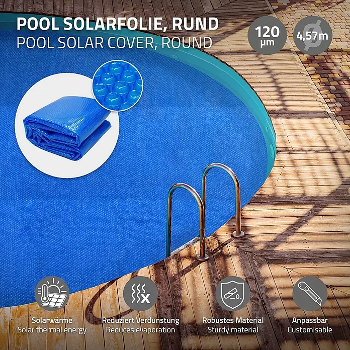 ECD Germany Solarabdeckplane Pool Solarfolie 120µm Solarplane Solarabdeckung Blau - Passend für: Rundpools, Aufstellpools, Swimmingpools, Durchmesser: 457 cm, Material: Kunststoff - Blaue runde Pool-Solarabdeckung, 120 µm dick, 4,57m Durchmesser, erzeugt Solarwärme, reduziert Verdunstung, robust und anpassbar.
