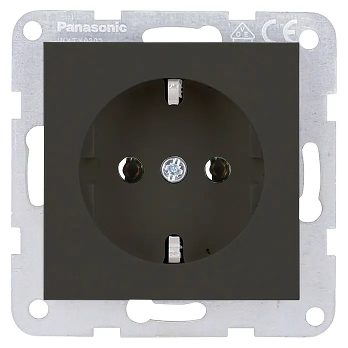 Panasonic Steckdose - Anthrazit, Metall, Unterputzmontage - Dunkelgraue Schuko-Steckdose aus Kunststoff mit einem Metall-Montagerahmen.