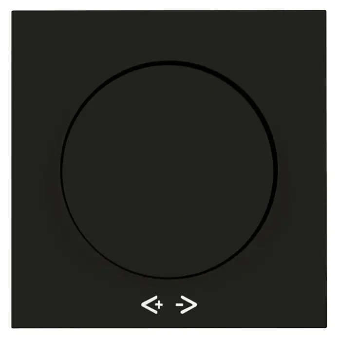 Panasonic Dimmerabdeckung - Schwarz matt, Kunststoff, Unterputzmontage - Dunkelgraues quadratisches Touch-Bedienfeld mit kreisförmiger Zone und +/- Navigationspfeilen.
