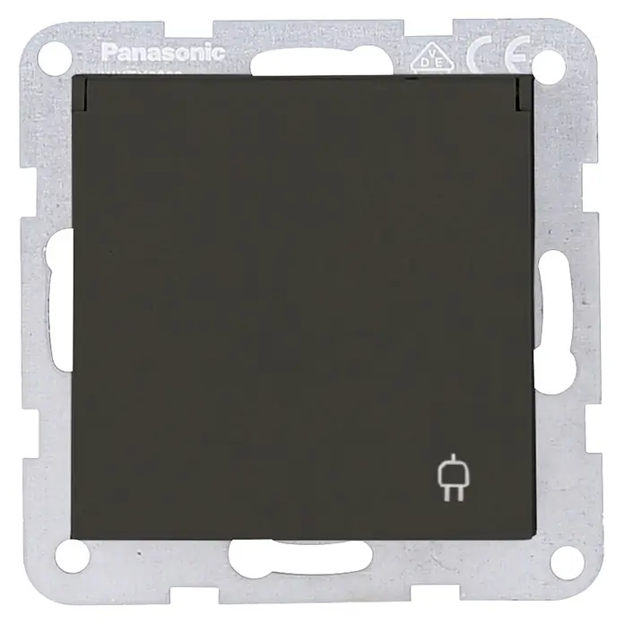 Panasonic Klappdeckelsteckdose - Anthrazit, 16 A, Unterputzmontage - Schwarzes Elektro-Modul mit Steckersymbol, in silbernem Montagerahmen.