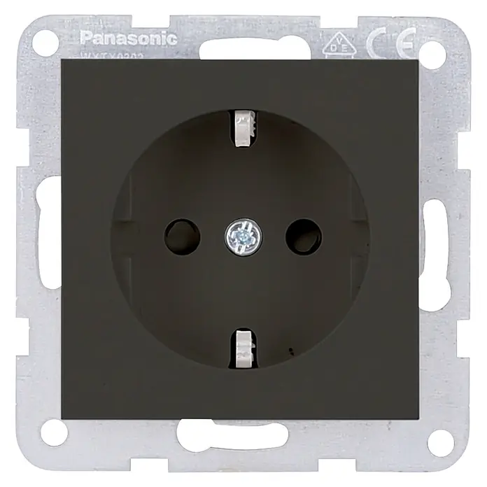 Panasonic Steckdose - Anthrazit, Metall, Unterputzmontage - Anthrazitfarbene Schuko-Steckdose in einem Metallmontagerahmen.