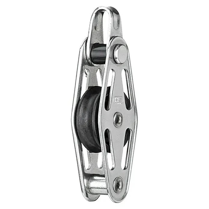Sprenger Block - 6 mm, Bruchlast: 700 kg, Hundsfott, Gleitlager, 25 x 9,2 mm, Arbeitslast: 175 kg - Eine Großaufnahme eines einzelnen Umlenkblocks aus Edelstahl mit schwarzer Rolle. Ideal für Segelboote und maritime Anwendungen.