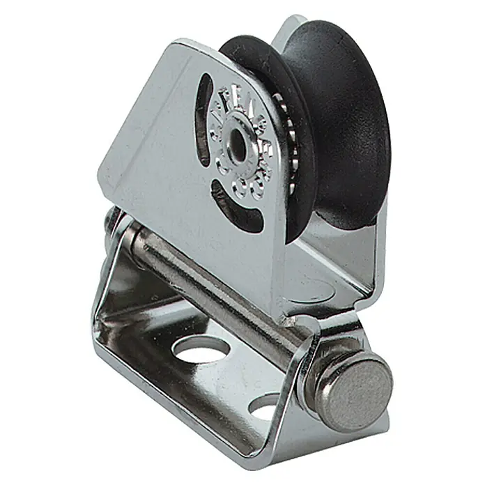 Sprenger Umlenkblock - 6 mm, 1 Rolle, Kugellager - Nahaufnahme einer Ankerrolle aus Edelstahl mit schwarzem Gummi, die für Bootsanwendungen entwickelt wurde.