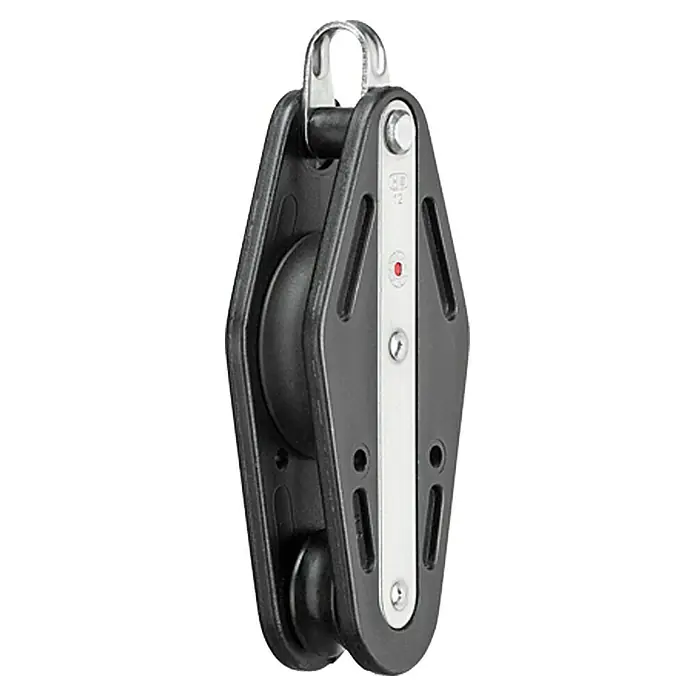 Sprenger Violinblock - 12 mm, Kugellager, Mit Bügel, Arbeitslast: 250 kg - Nahaufnahme eines schwarzen Segelblocks mit Metallbügel und silberner Metallschiene, der für Segelyachten verwendet wird.