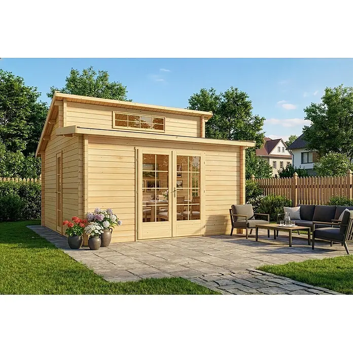 Alpholz Gartenhaus Lausitz - Außenmaß inkl. Dachüberstand (B x T): 440 x 440 cm, Holz, Naturbelassen - Helles Holzgartenhaus mit Terrasse und Sitzbereich. Innen ist ein Esstisch sichtbar.