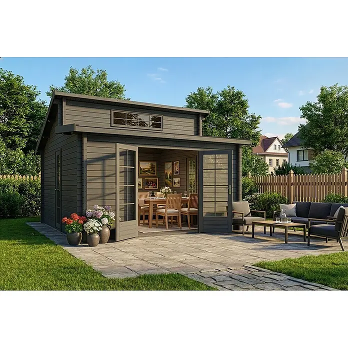 Alpholz Gartenhaus Lausitz - Außenmaß inkl. Dachüberstand (B x T): 440 x 440 cm, Holz, Grau - Ein dunkelgraues Gartenhaus mit geöffneten Türen, das einen Essbereich zeigt, umgeben von Topfblumen und einer grauen Outdoor-Lounge auf gepflasterter Terrasse.