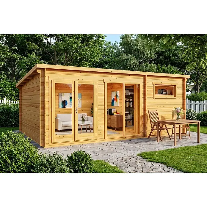 Alpholz Gartenhaus Atrium E - Außenmaß inkl. Dachüberstand (B x T): 598 x 420 cm, Holz, Naturbelassen - Helles Holz-Gartenhaus mit Glastüren und Fenstern, bietet Innenraum und einen Terrassenbereich mit Sitzgelegenheiten.