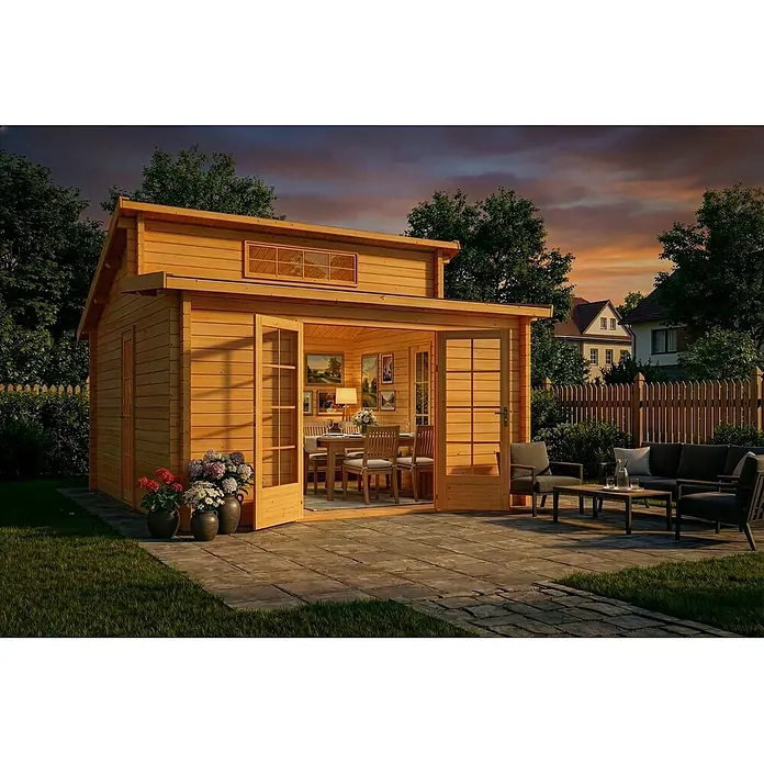 Alpholz Gartenhaus Lausitz - Außenmaß inkl. Dachüberstand (B x T): 440 x 440 cm, Holz, Pinie - Eine Holzhütte mit großen Türen, die sich zu einer Terrasse mit Gartenmöbeln öffnen, im Garten bei Sonnenuntergang.