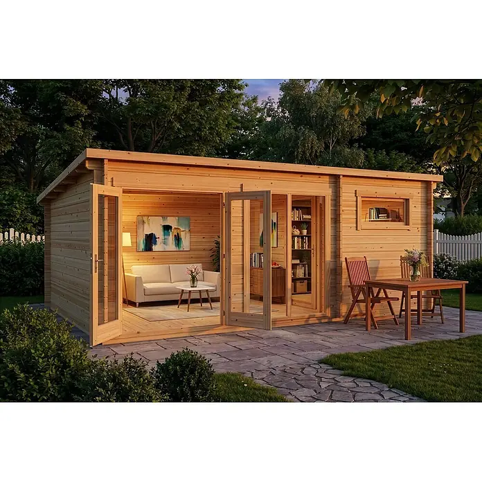 Alpholz Gartenhaus Atrium E - Außenmaß inkl. Dachüberstand (B x T): 598 x 420 cm, Holz, Naturbelassen - Heller Holzgartenpavillon mit offenem Innenraum für Wohnen und Arbeiten, mit Außenterrasse.