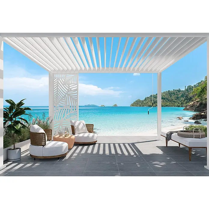 Weide Pergola Seitenwand Dekorative Paneel für Weide Pergola Blatt-Design 93 cm Weiß - B x T: 93 x 6 cm, Aluminium - Moderne weiße Pergola und Terrasse mit Sitzgelegenheiten mit Blick auf ein klares blaues Meer und tropischen Strand.