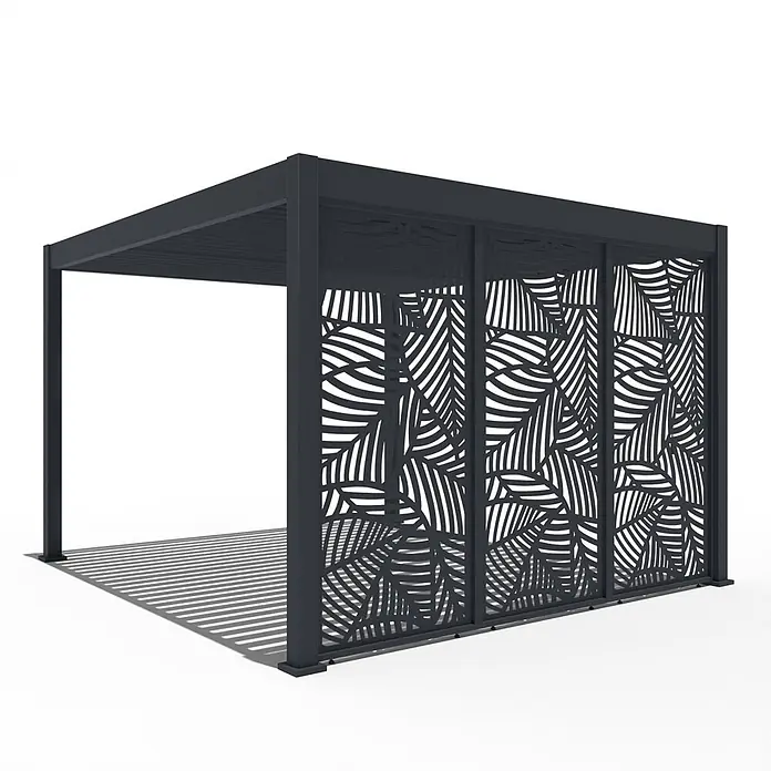 Weide Pergola Seitenwand Paneel für Weide Pergola Blatt-Design Anthrazit 113 cm - B x T: 113 x 6 cm, Aluminium - Anthrazitfarbene Bioklimatische Pergola mit verstellbarem Lamellendach und dekorativen Sichtschutzwänden mit Blattmuster.