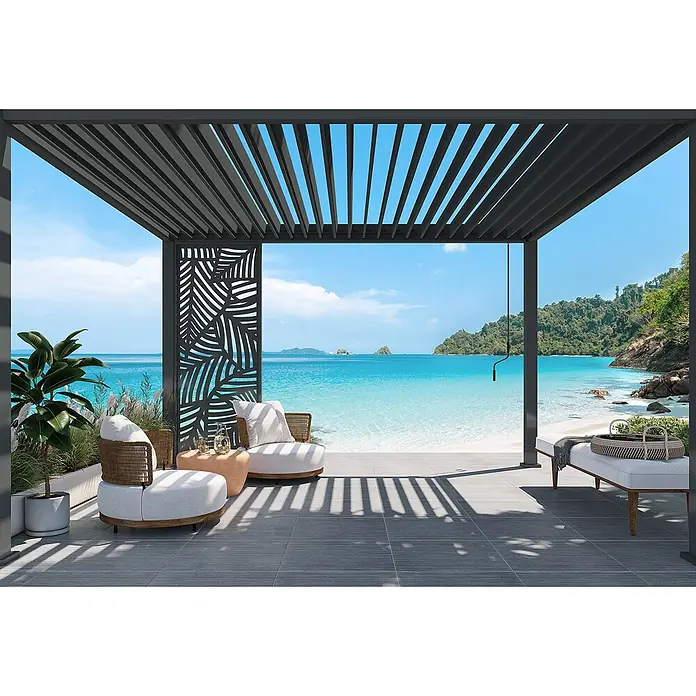 Weide Pergola Seitenwand Paneel für Weide Pergola Blatt-Design Anthrazit 113 cm - B x T: 113 x 6 cm, Aluminium - Moderne dunkelgraue Lamellenpergola beschattet eine Terrasse mit grauen Fliesen am tropischen Strand.