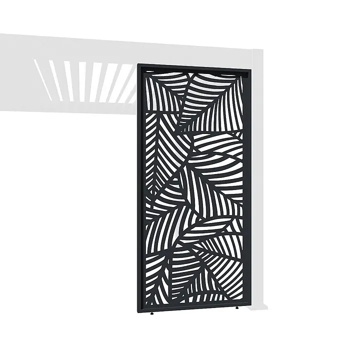 Weide Pergola Seitenwand Paneel für Weide Pergola Blatt-Design Anthrazit 113 cm - B x T: 113 x 6 cm, Aluminium - Dunkler Metall-Sichtschutz mit Blattmuster, in eine weiße Pergola integriert.