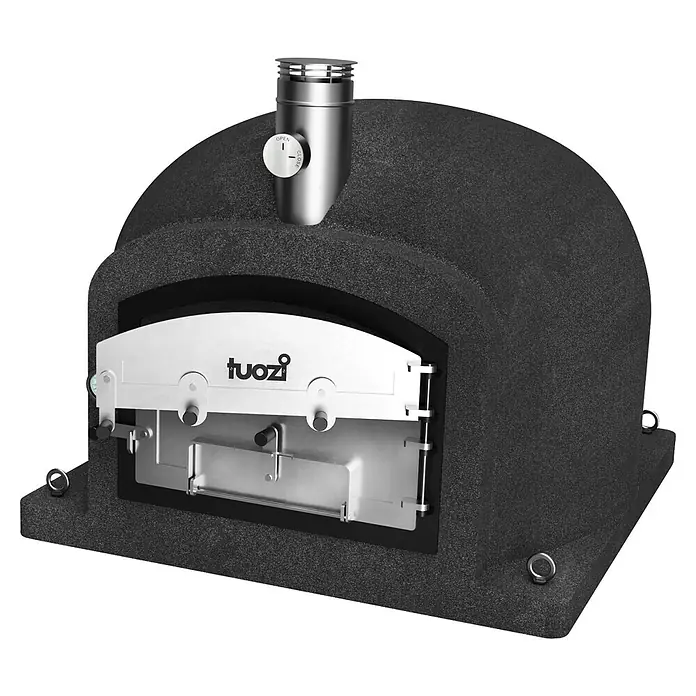 Tuozi Kitaway Outdoorküchen-Modul - Grau/Weiß, B x T x H: 100 x 100 x 65 cm - Schwarzer texturierter Outdoor-Pizzaofen mit silberner Tür und Kamin, ausgestattet mit verstellbarer Klappe.
