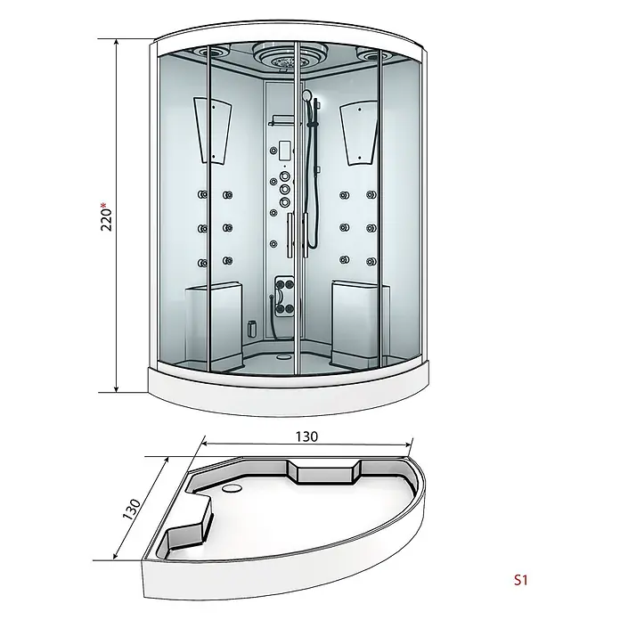 AcquaVapore Komplettdusche Dampfdusche D26-EH - 130 x 130 x 220 cm, Weiß - Viertelkreis-Duschkabine aus Glas mit Hydromassagedüsen und integrierten Sitzen. Maße: 220x130x130 cm.
