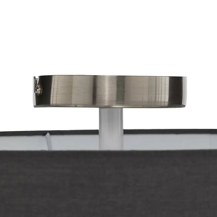 Lindby Deckenleuchte Sebatin - alu / grau / zink, alu / grau / zink, E27 - Gebürstete Deckenhalterung aus Metall und weißer Stiel über einem dunkelgrauen Stofflampenschirm.