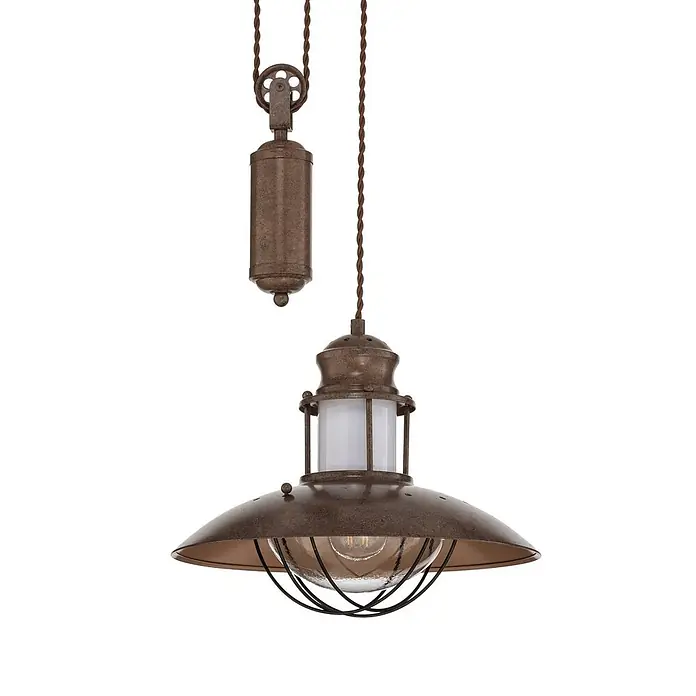 Lindby Pendelleuchte Louisanne - braun / rost, braun, klar, satiniert, E27 - Rustikale Pendelleuchte aus Bronze mit Flaschenzug, Glockenschirm und Käfigbirne, mit weißem Diffusor.
