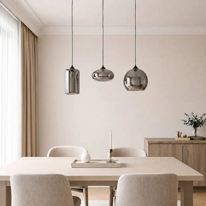 Lindby Pendelleuchte Marla - L x B x H: 102,5 x 28 x 28 cm, alu / grau / zink, rauchgrau, E27 - Drei Pendelleuchten aus Rauchglas in verschiedenen Formen hängen über einem hellen Esstisch.