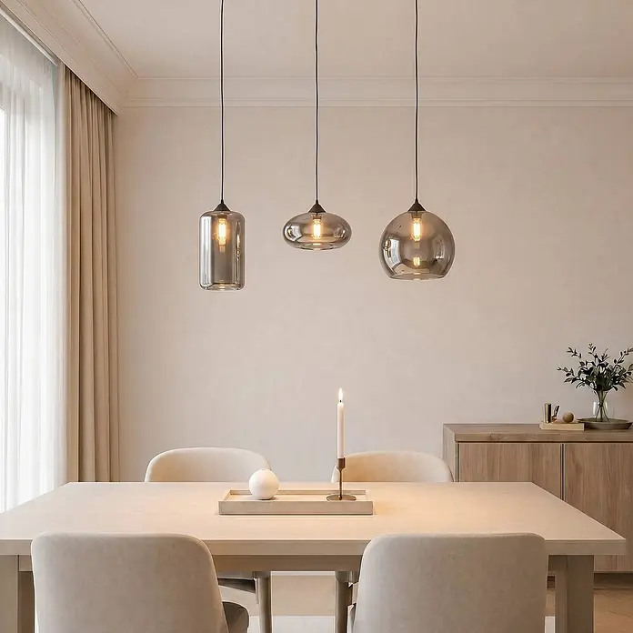 Lindby Pendelleuchte Marla - L x B x H: 102,5 x 28 x 28 cm, alu / grau / zink, rauchgrau, E27 - Drei Rauchglas-Pendelleuchten in zylindrischer, ovaler und kugelförmiger Form hängen über einem Esstisch und spenden warmes Licht.
